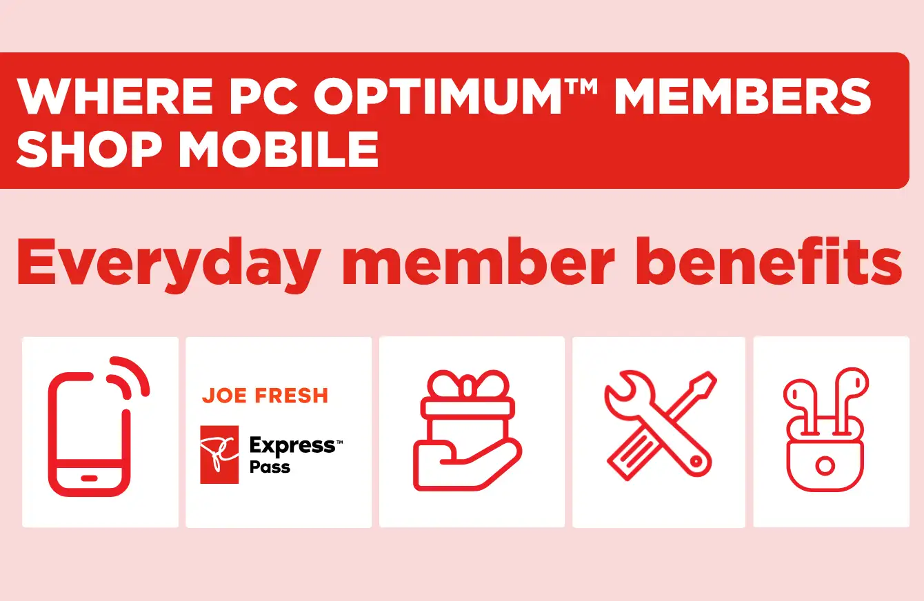 Where PC Optimum members shop mobile. Everyday member benefits: mobile phone with signal, Joe Fresh Express Pass, gift in hand, repair tools, wireless earbuds.